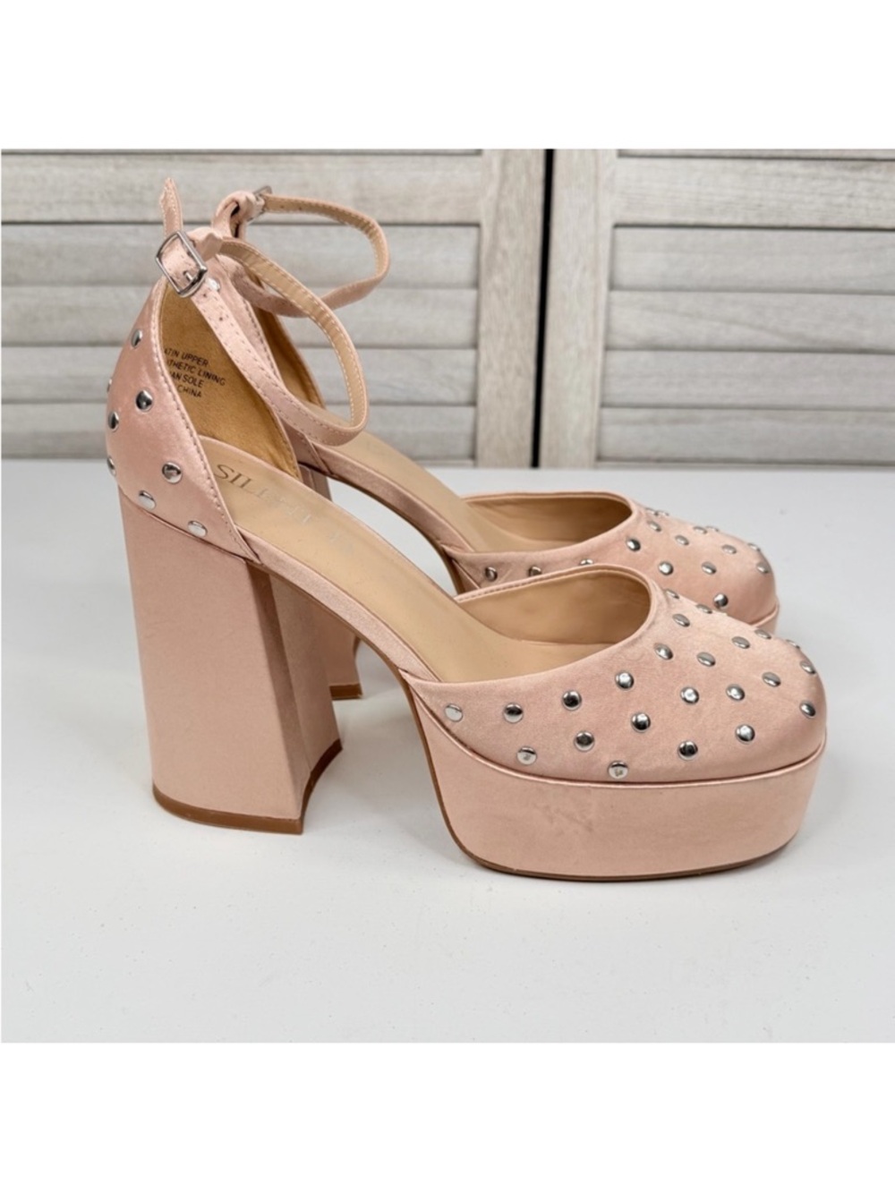 SILENT D "Grace" Platform Block Heel Satin Mary Jane Pumps w Silver Studs-Pink